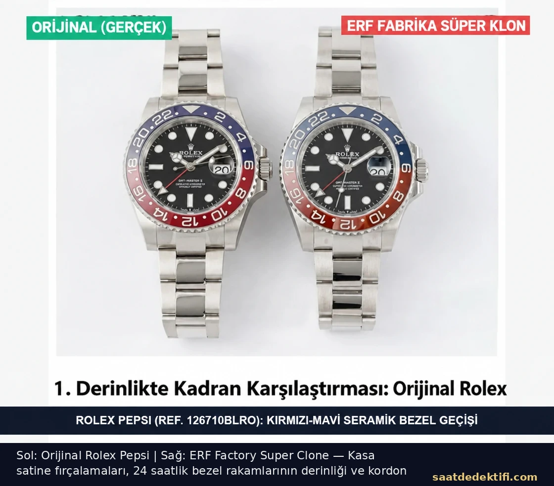 Orijinal Rolex Pepsi ve ERF Factory super clone genel ön görünüm karşılaştırması