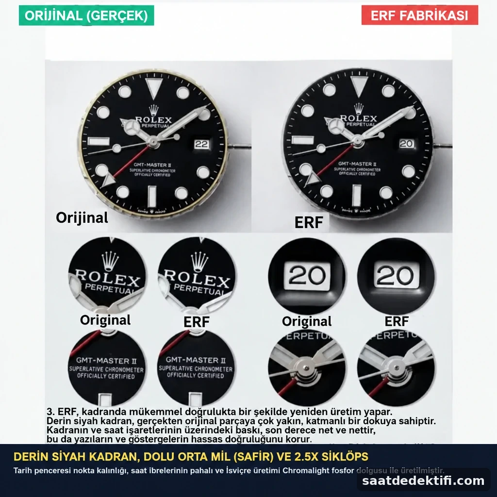 Orijinal Rolex ve ERF Factory kadran tipografisi ile orta mil karşılaştırması