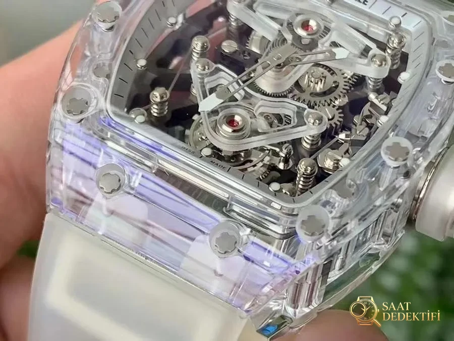 EUR Factory Richard Mille tam şeffaf tourbillon RM056 saat incelemesi - Kasa Profili ve Kurma Kolu İncelemesi