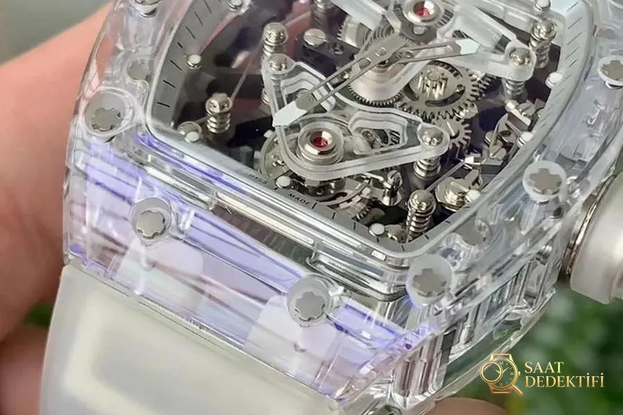 EUR Factory Richard Mille Tamamen Şeffaf Tourbillon RM056 Saat İncelemesi - Kasa Profili ve Kurma Kolu İncelemesi