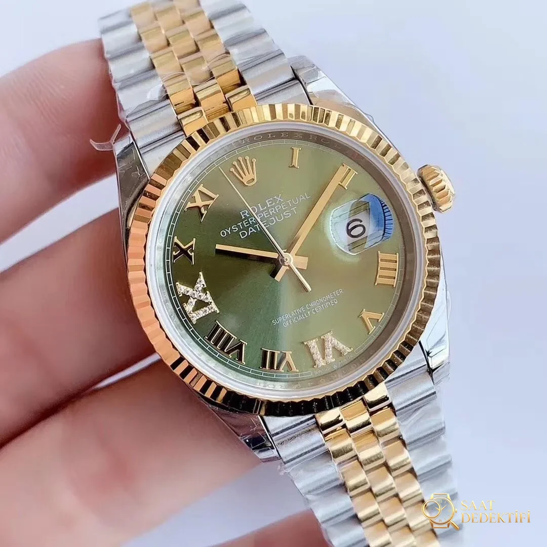 EW Factory Rolex Datejust 128238 altın-çelik yeşil kadran işçiliği nasıl? - Kadran Detayı ve Bezel İşçiliği