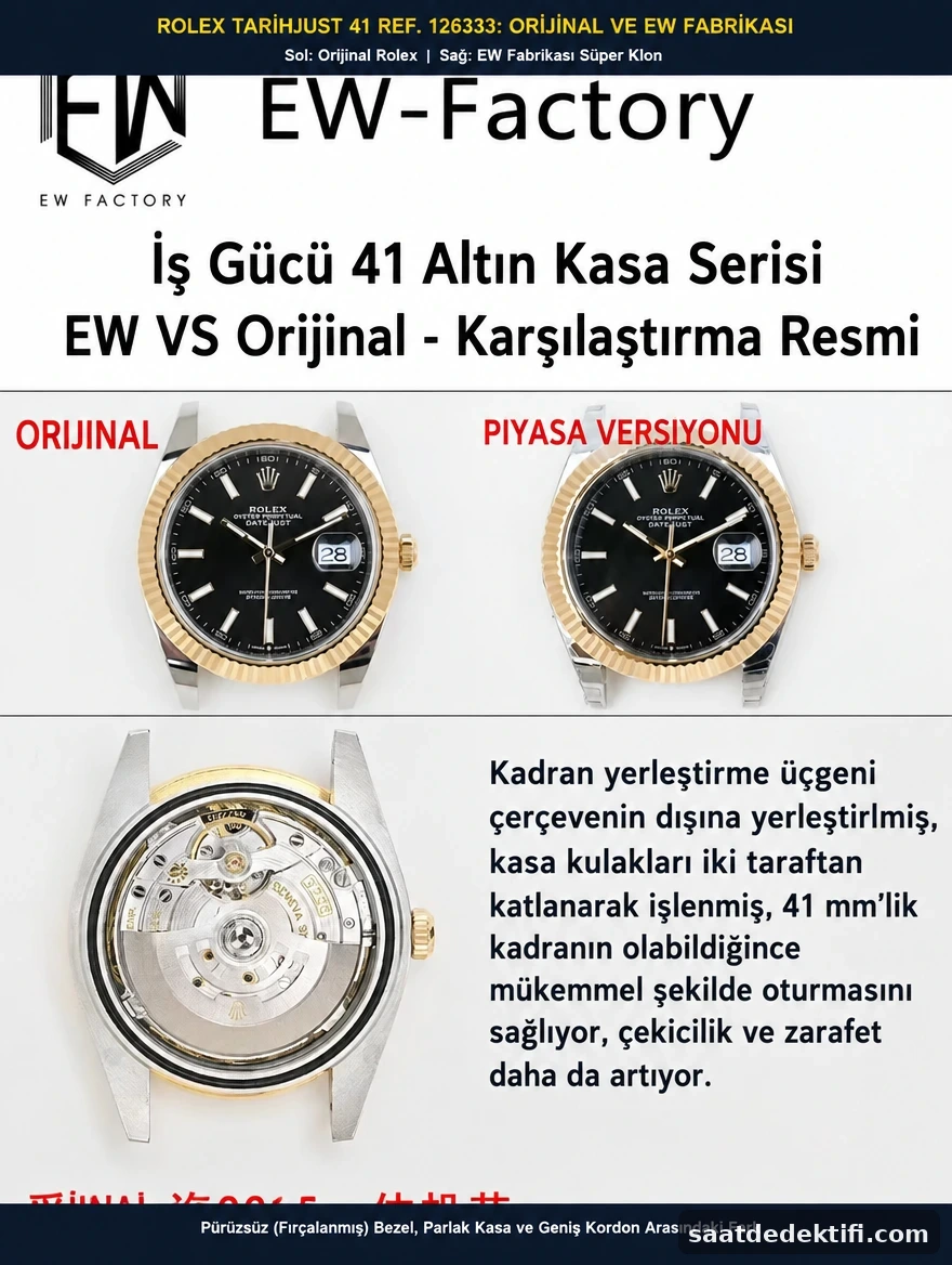 Vergleich der originalen Rolex Datejust 41 und der Super-Clone-Frontplatte und geriffelten Lünette von EW Factory