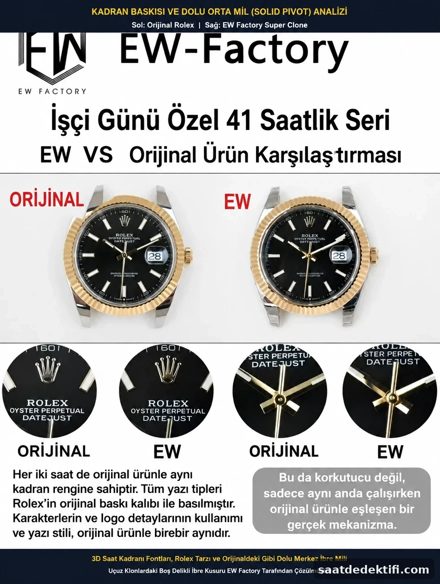 Originales Rolex-Zifferblatt mit Öldruck-Schriftarten und massiver Mittelwellenanalyse auf dem EW-Factory-Zifferblatt