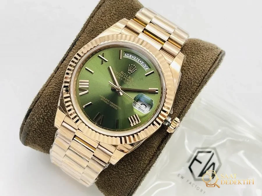 EW Factory Rolex Day-Date 40 mm 3255 Mekanizma (18K Yeşil Kadran) İnceleme - Kadran Detayı ve Bezel İşçiliği