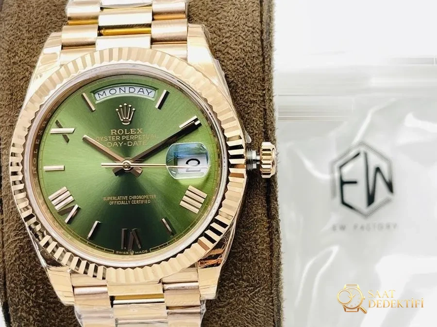 EW Factory Rolex Day-Date 40 mm 3255 Mekanizma (18K Yeşil Kadran) İnceleme - Kasa Profili ve Kurma Kolu İncelemesi