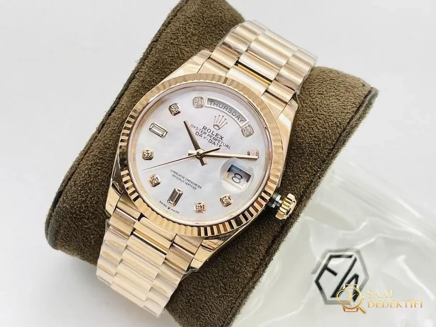 EW Factory Rolex Day-Date 40 mm 3255 Mekanizmalı (18K Elmas Kaplı Beyaz Kadran) Kol Saati İncelemesi - Kadran Detayı ve Bezel İşçiliği