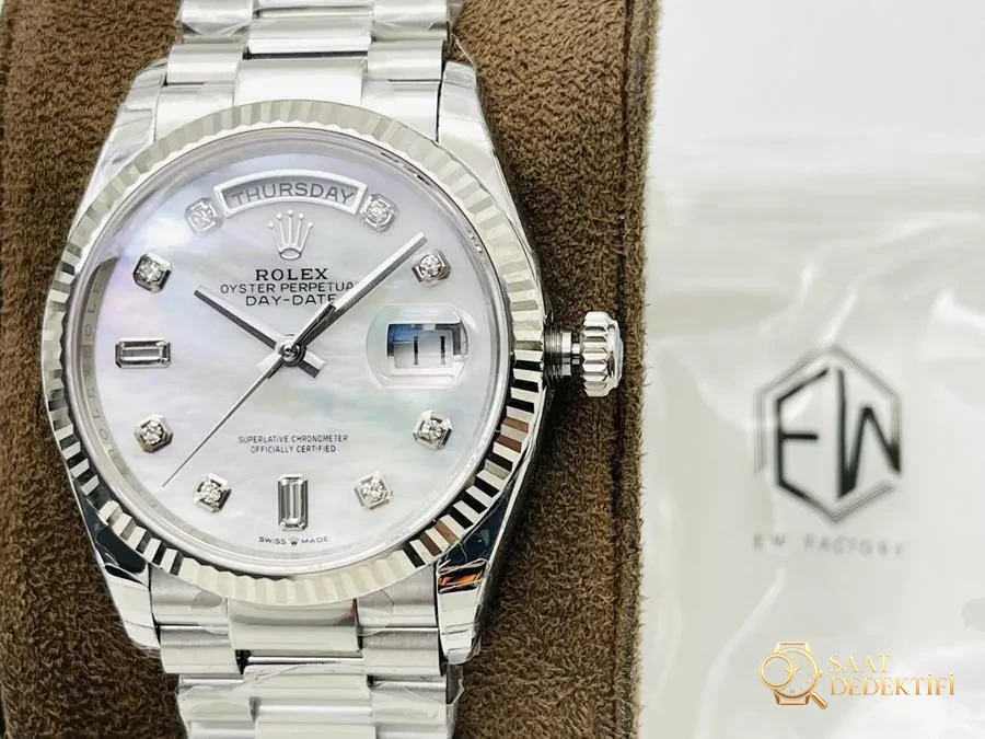 EW Factory Rolex Day-Date 40 mm 3255 mekanizmalı (beyaz kadran) saat incelemesi - Kasa Profili ve Kurma Kolu İncelemesi