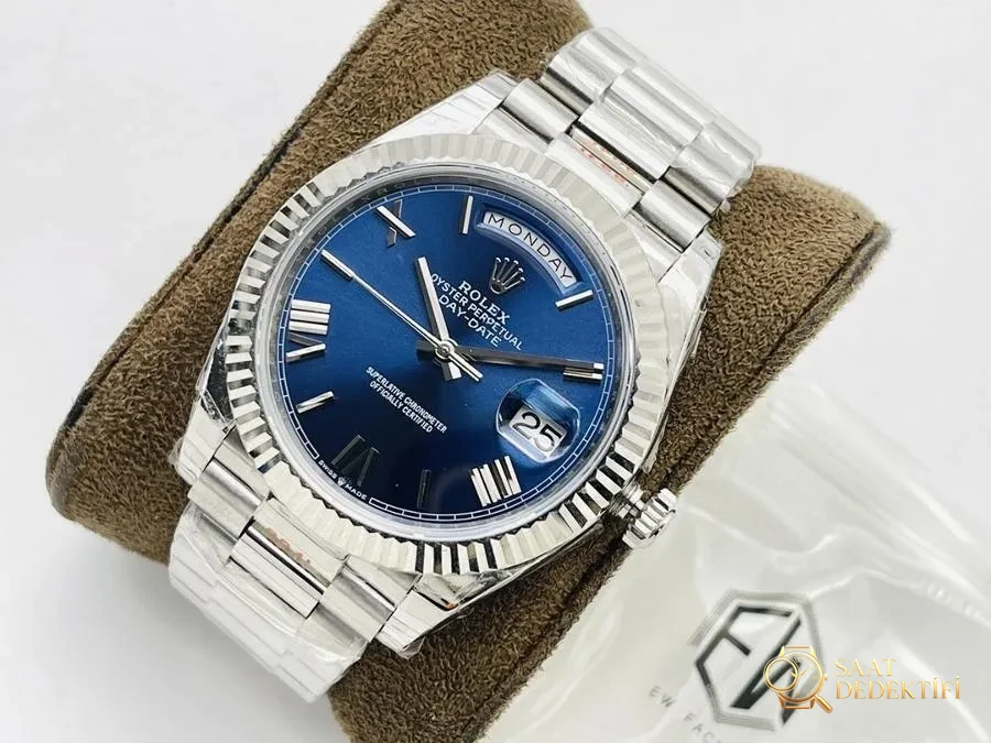 EW Factory Rolex Day-Date 40 mm 3255 mekanizmalı (mavi kadran) saat incelemesi - Kadran Detayı ve Bezel İşçiliği