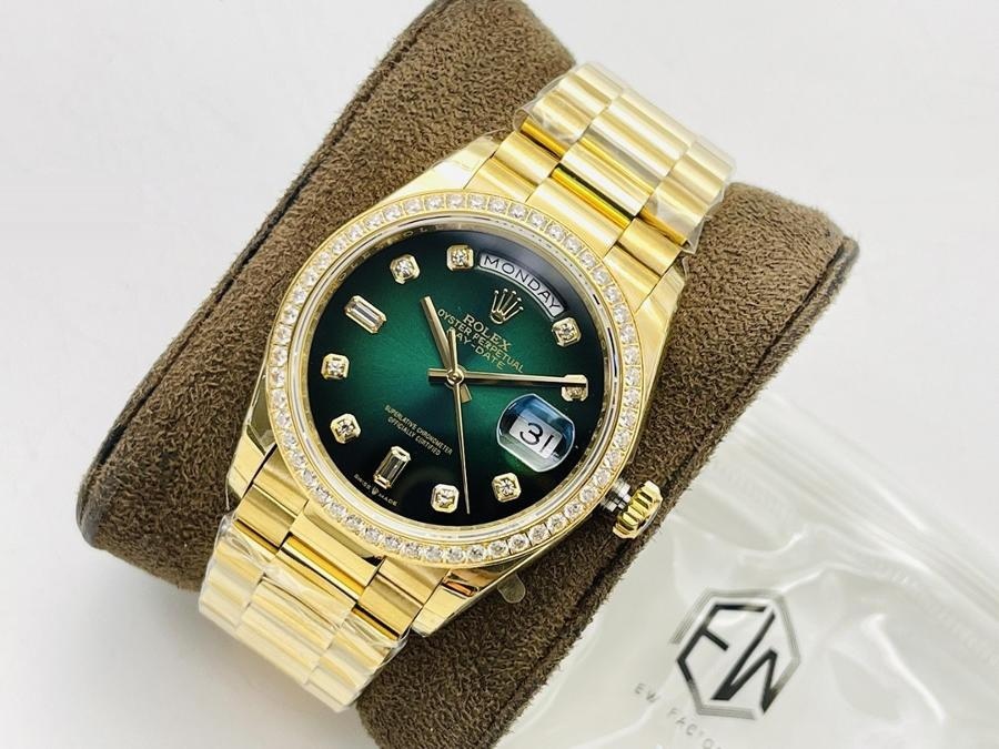 EW Factory Rolex Day-Date 40 mm serisi 3255 mekanizma (18K elmas kakmalı yeşil kadran) saat incelemesi — 2. fotoğraf