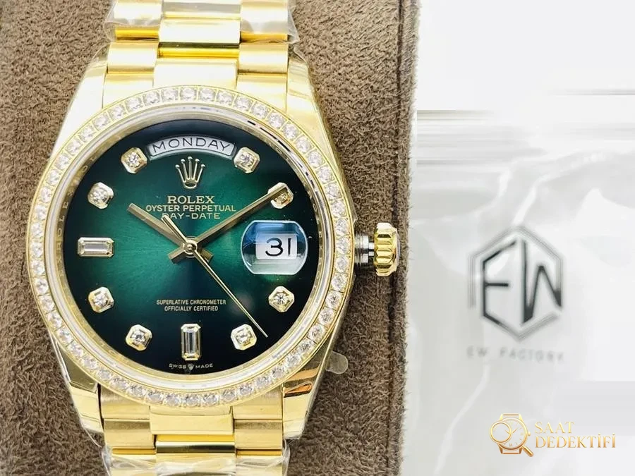 EW Factory Rolex Day-Date 40 mm serisi 3255 mekanizma (18K elmas kakmalı yeşil kadran) saat incelemesi - Kasa Profili ve Kurma Kolu İncelemesi