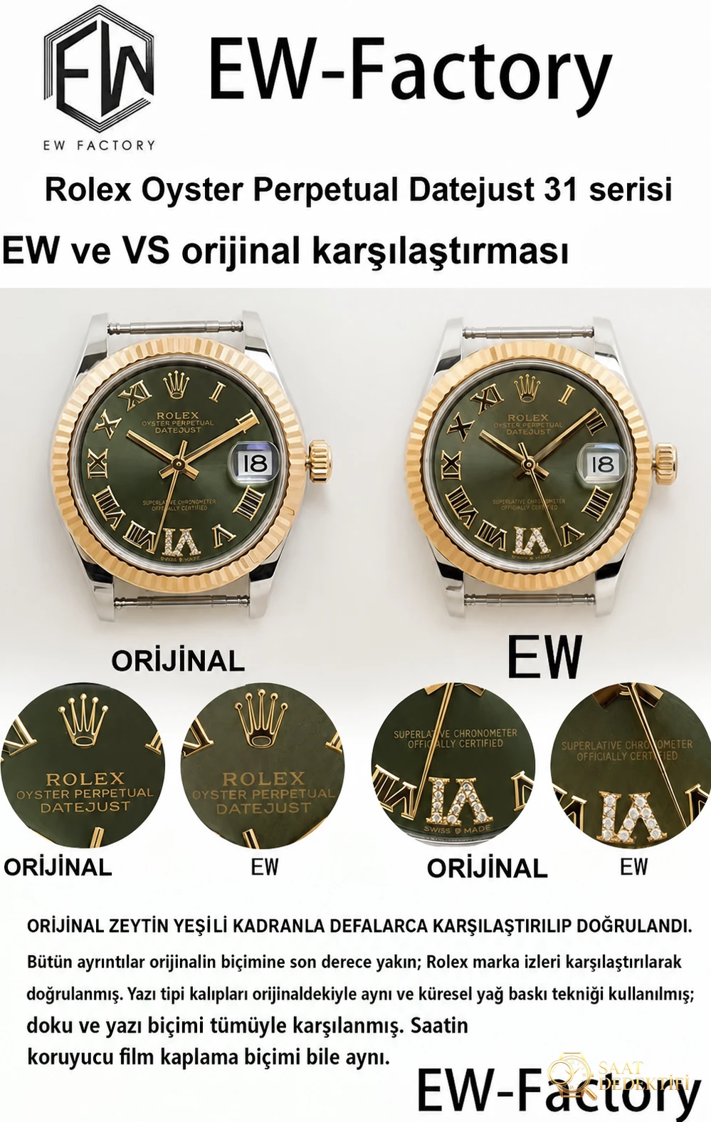 EW Factory Rolex Oyster Perpetual Datejust 31 mm - Orijinalle Karşılaştırma - Kadran Detayı ve Bezel İşçiliği