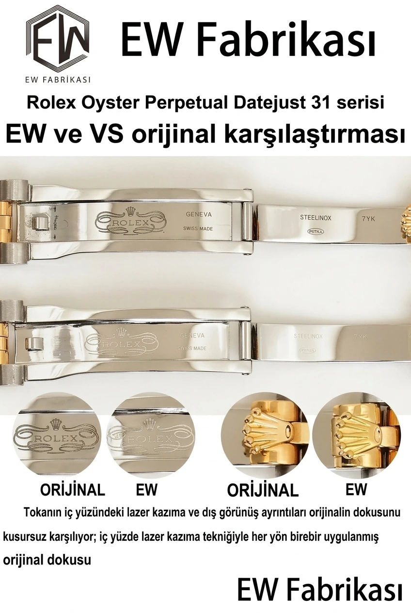 EW Factory Rolex Oyster Perpetual Datejust 31 mm - Orijinalle Karşılaştırma - Klips Kilidi ve Lazer Damgalar