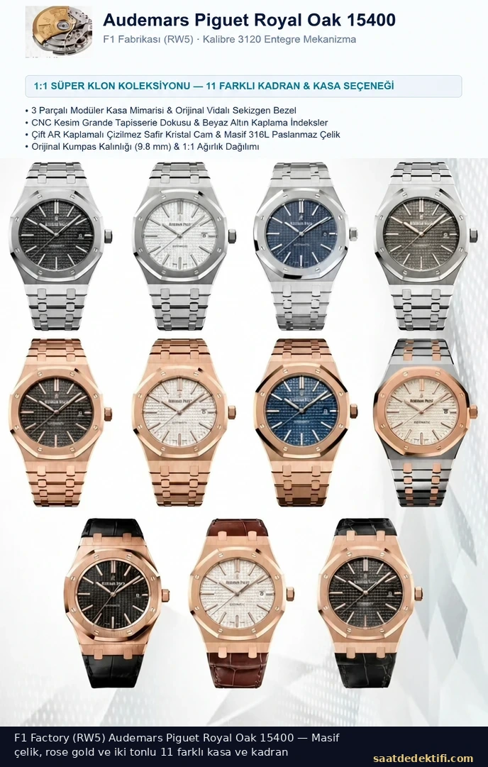 F1 Factory Audemars Piguet Royal Oak 15400 super clone koleksiyonu, çelik, rose gold ve iki tonlu varyasyonlar