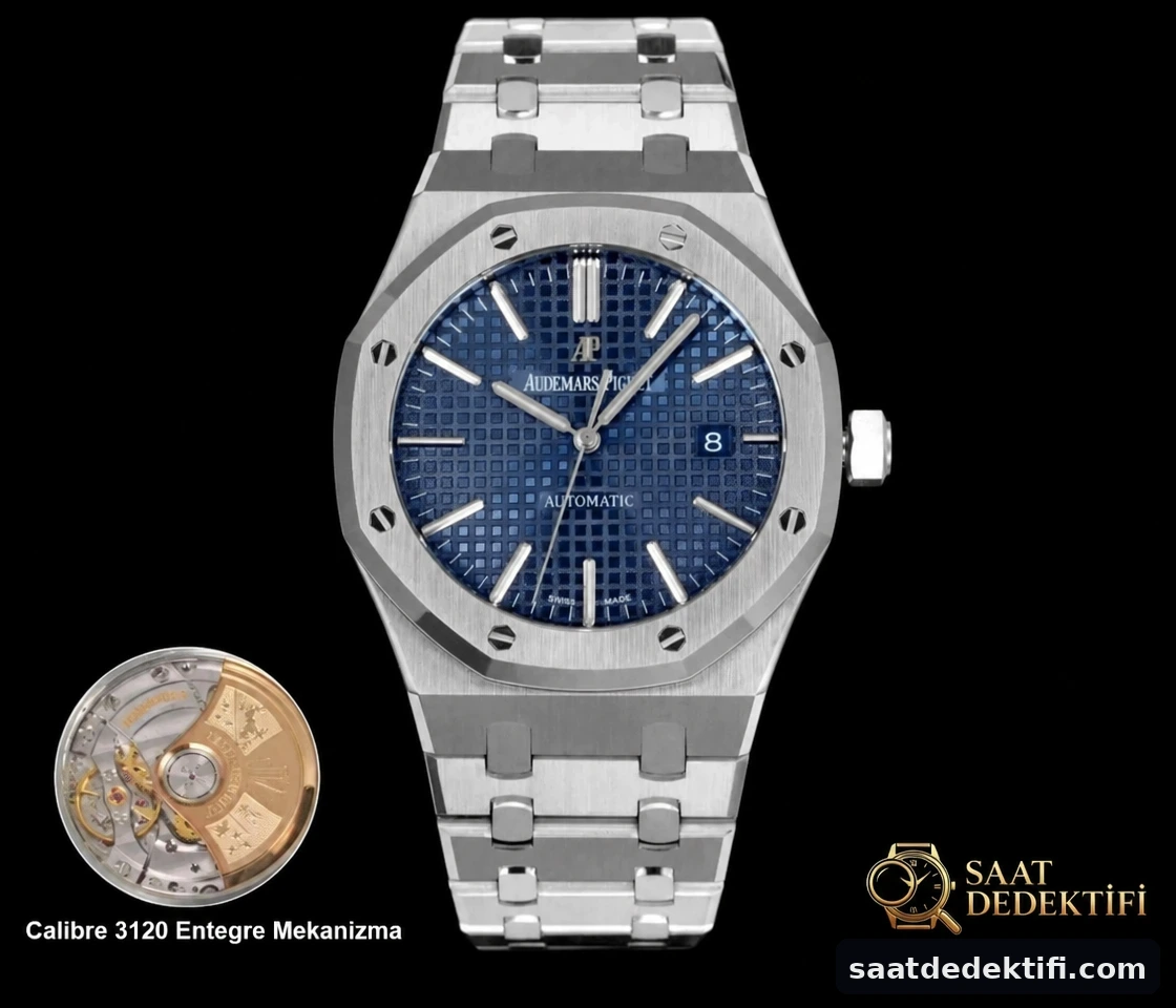 Audemars Piguet Royal Oak 15400 Boutique Blue mavi Grande Tapisserie kadran ve Calibre 3120 mekanizma detayı