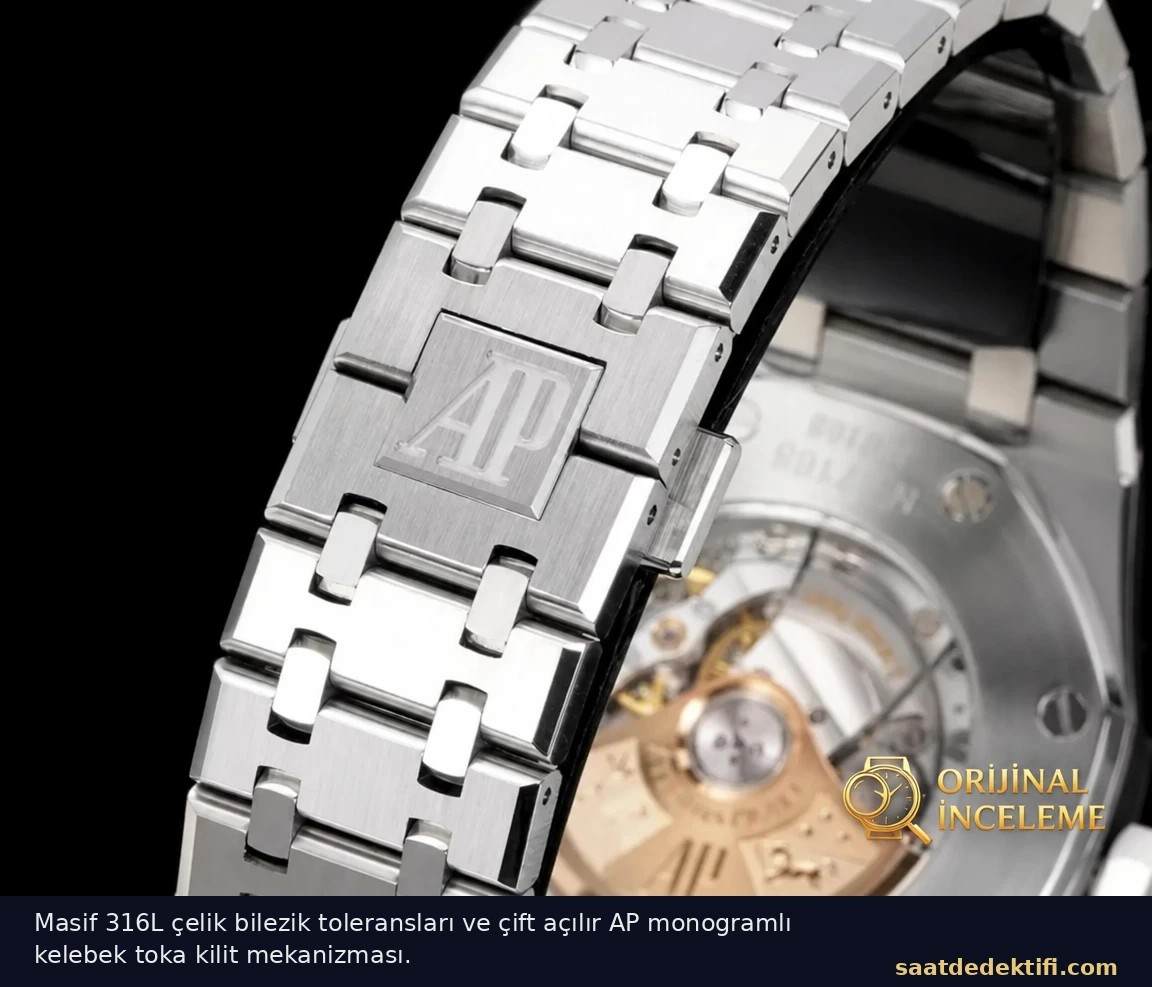 Royal Oak 15400 super clone 316L çelik bilezik baklaları ve AP monogramlı kelebek toka kilit mekanizması