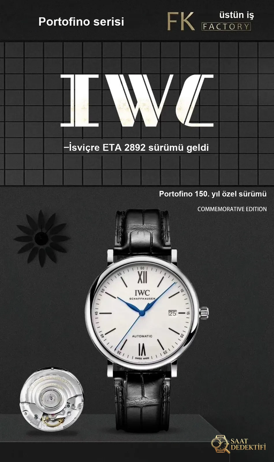 Gerçek İsviçre ETA2892 mekanizması: FK IWC Portofino 150. Yıl orijinalle karşılaştırmalı inceleme - Cam Yansıma Önleyici (AR) Kaplama