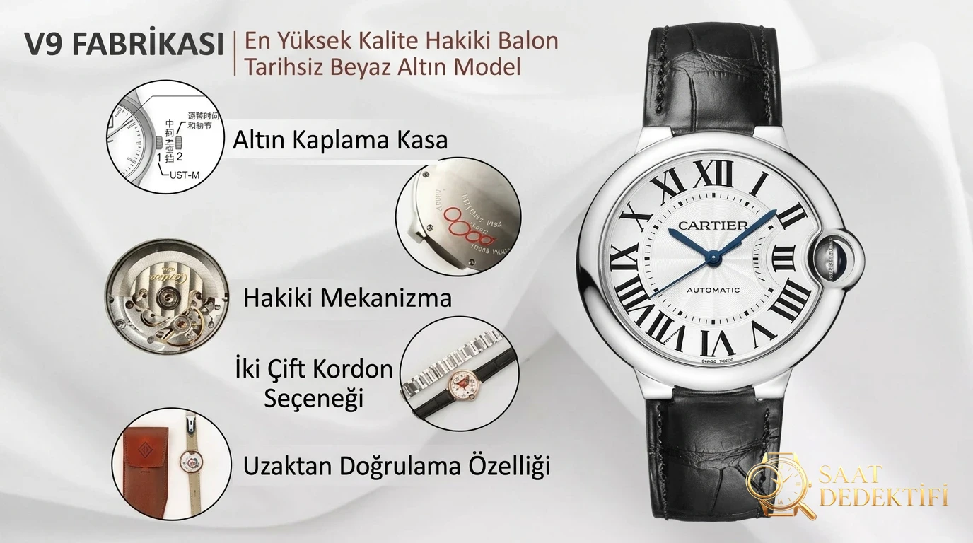V9 Factory Ballon Bleu beyaz altın tanıtım kartı: altın kaplama kasa, hakiki mekanizma, iki kordon, uzaktan doğrulama