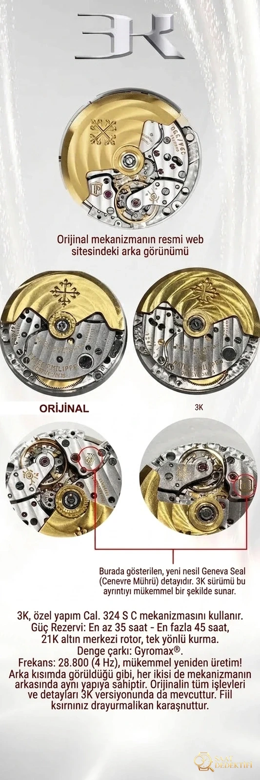 Gerçek-replika karşılaştırması: 3K Factory Patek Philippe 5167 replikasının 324 tek parça mekanizması orijinaline göre nasıl? - Mekanizma Zemberek ve Balans Detayı