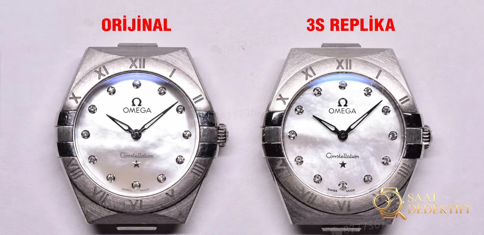 Gerçek-replika karşılaştırması: 3S Factory Omega Constellation 28 mm kadın kuvars kol saati - Kadran Detayı ve Bezel İşçiliği