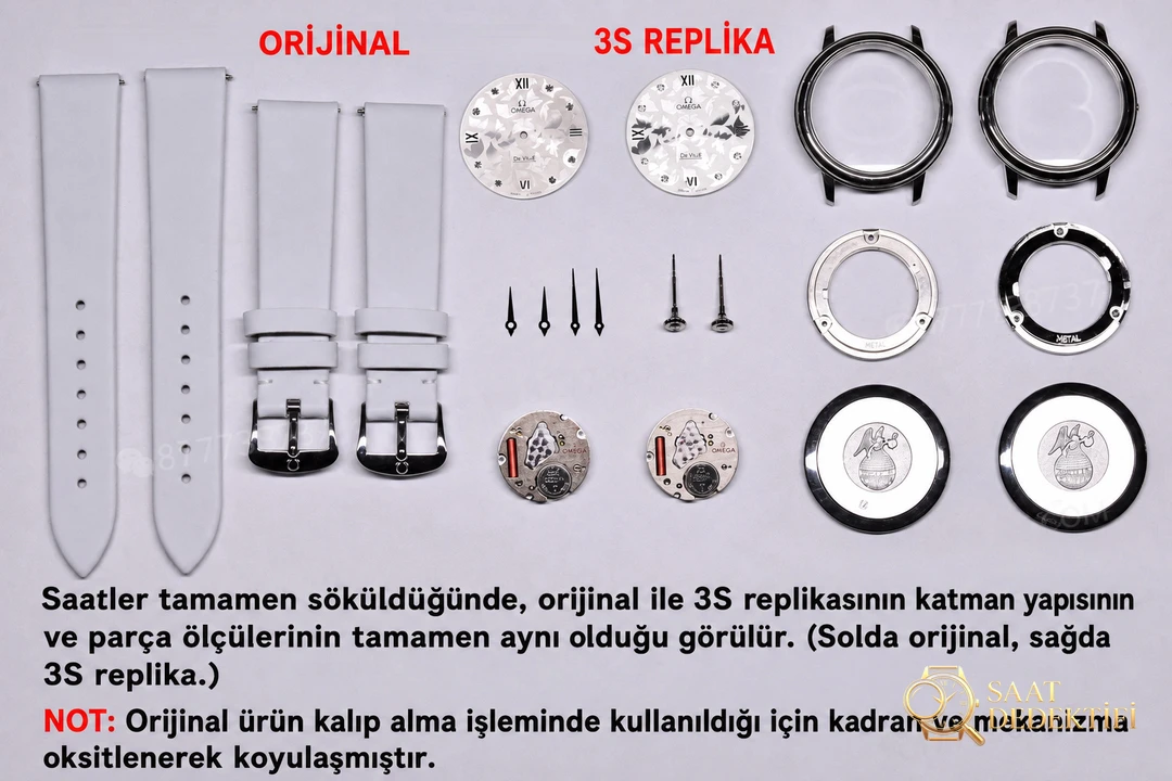 Gerçek-Replika Karşılaştırması: 3S Factory Omega De Ville Prestige Butterfly Kadın Kol Saati - Toka İçi Mikro Ayar Mekanizması
