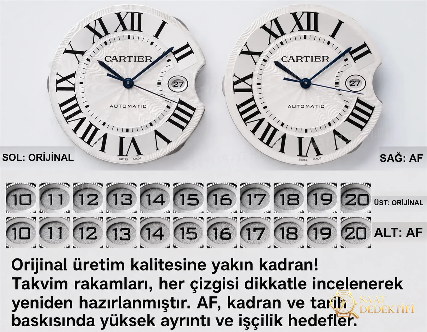 Gerçek-replika karşılaştırması: AF Factory Ballon Bleu 42 mm büyük boy erkek replika saat - Makro Kadran ve İndeks İşçiliği