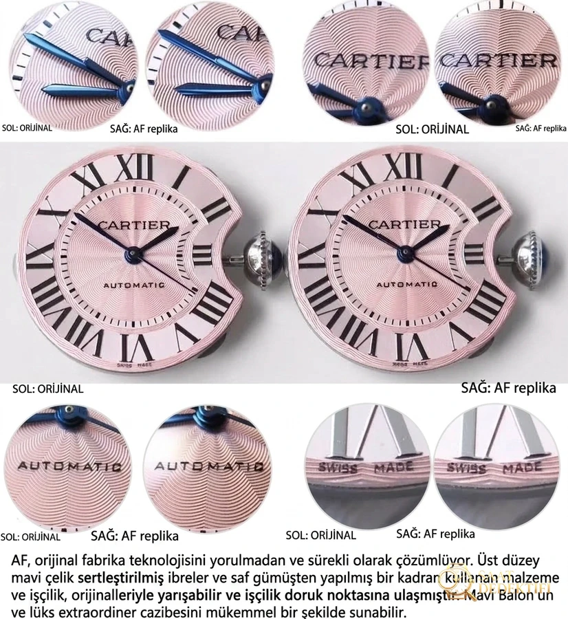 Gerçek-replika karşılaştırması: AF Factory Cartier Ballon Bleu 33 mm pembe kadran 076 orijinal mekanizma bir bakışta ele verir mi? - Cam Yansıma Önleyici (AR) Kaplama