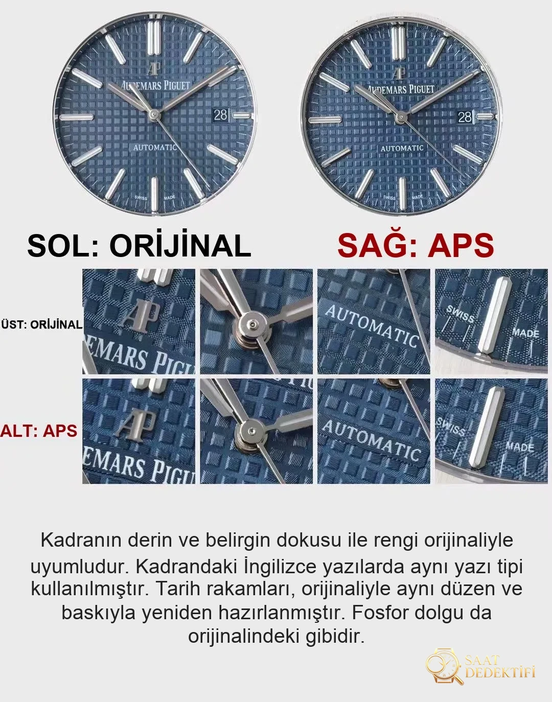 Gerçek-replika karşılaştırması: APS Factory AP Audemars Piguet Royal Oak serisi 15400ST.OO.1220ST.03 mavi kadranlı klasik kol saati - Bilezik, Toka ve Klips Mekanizması