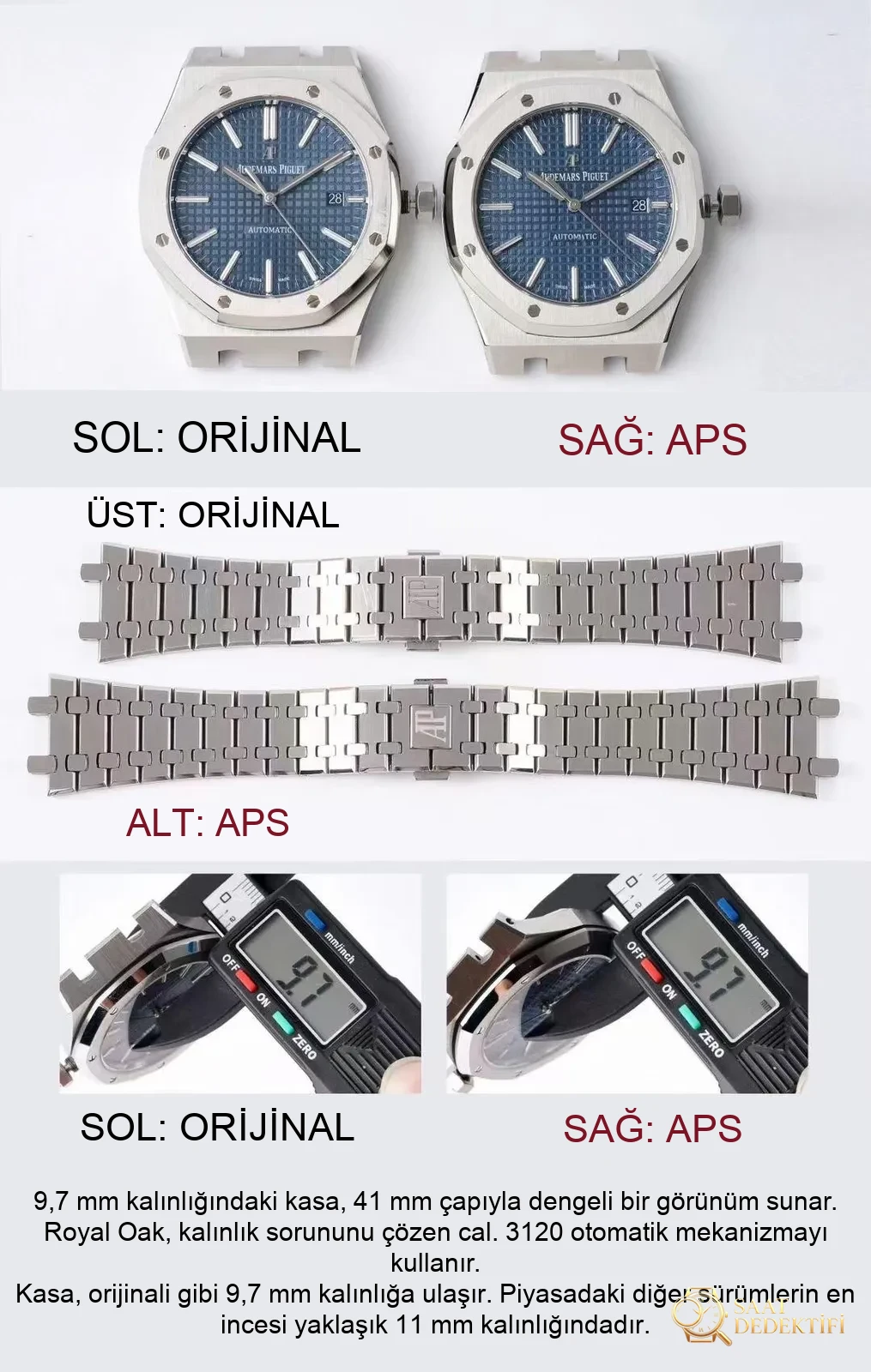 Gerçek-replika karşılaştırması: APS Factory AP Audemars Piguet Royal Oak serisi 15400ST.OO.1220ST.03 mavi kadranlı klasik kol saati - Klips Kilidi ve Lazer Damgalar