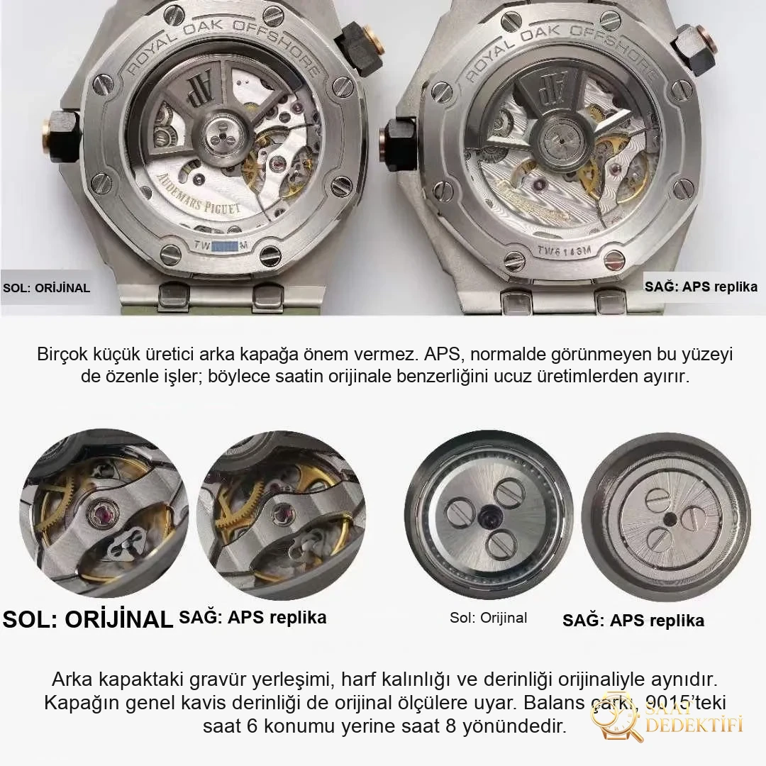 Gerçek-replika karşılaştırması: APS Factory Audemars Piguet 15720 hızlı sök kayış 4308 mekanizma - Arka Kapak ve Mekanizma Detayı
