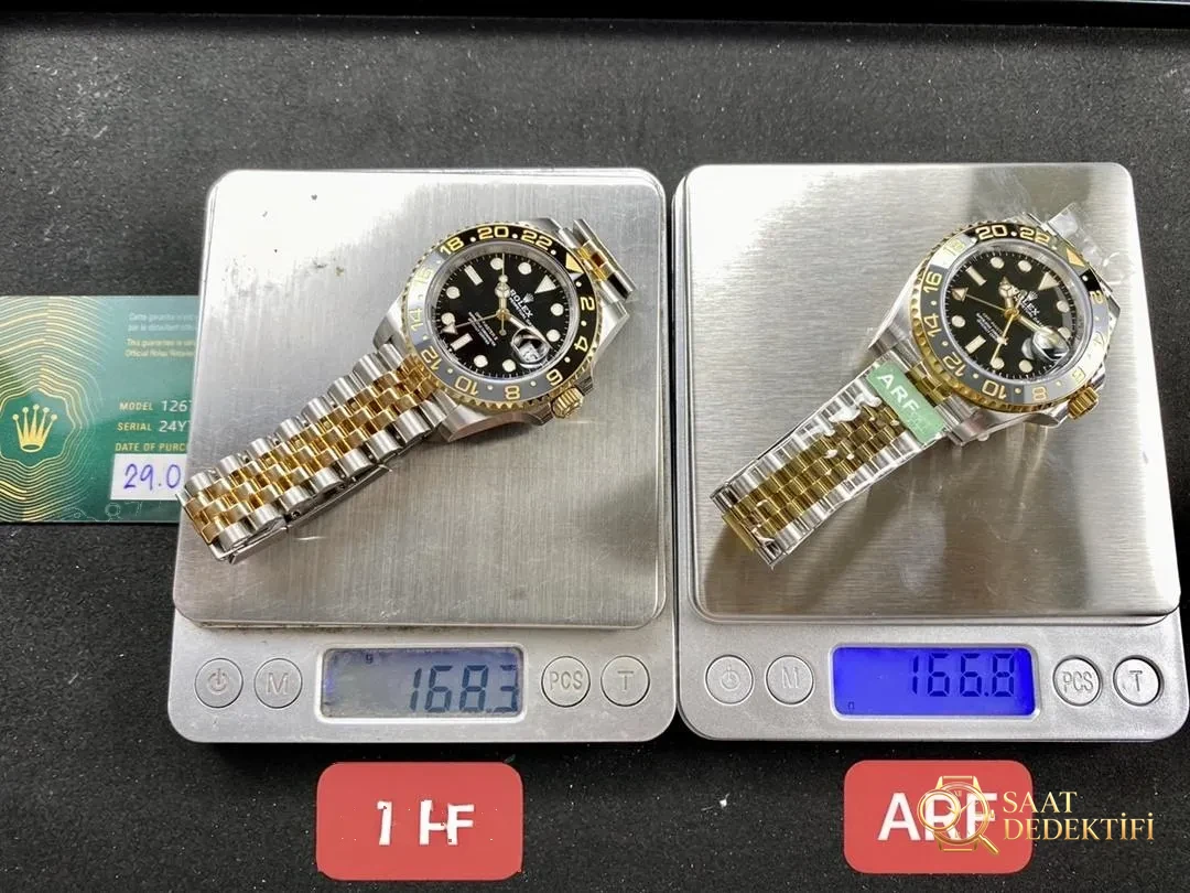 Gerçek-replika karşılaştırması: ARF Factory Rolex ağırlıklandırılmış GMT iki renkli asetli yumurta bezel gerçekten 166 gram mı? - Kadran Detayı ve Bezel İşçiliği