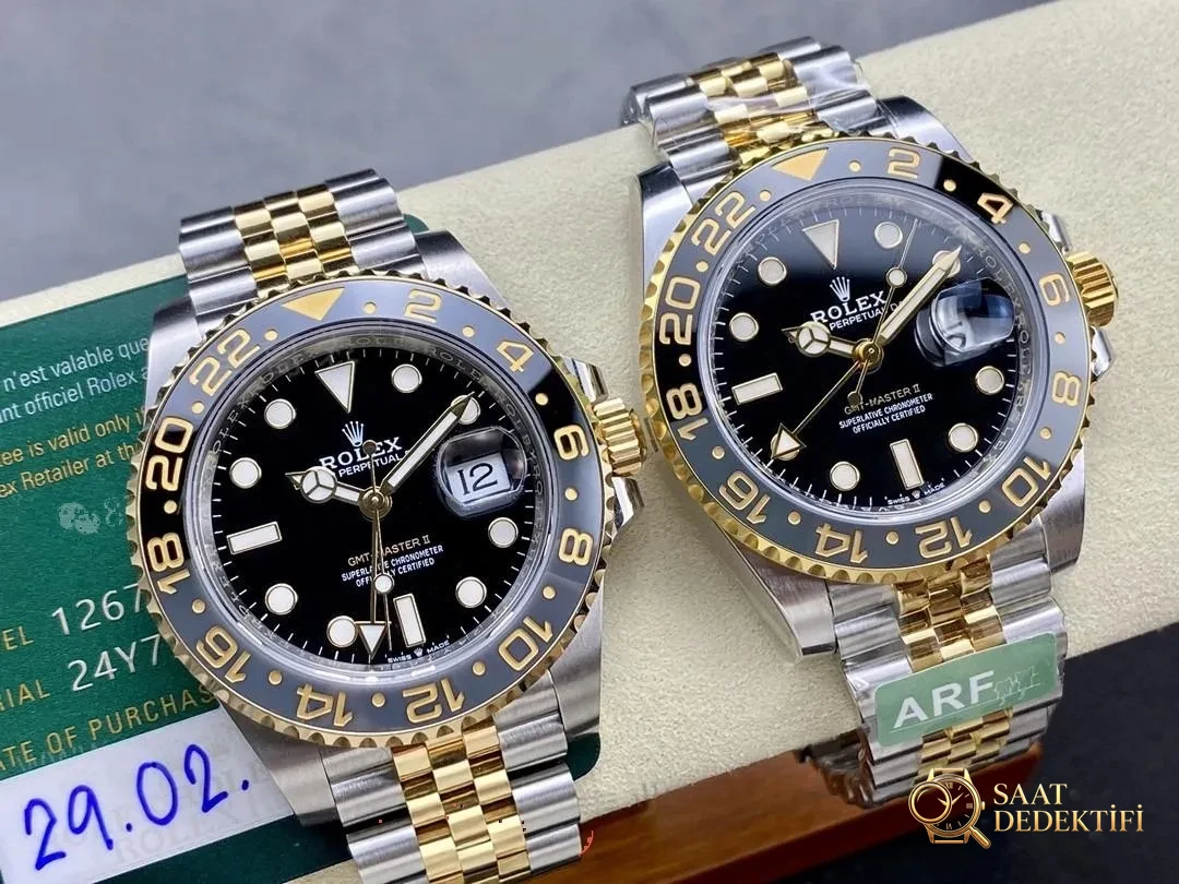 Gerçek-replika karşılaştırması: ARF Factory Rolex ağırlıklandırılmış GMT iki renkli asetli yumurta bezel gerçekten 166 gram mı? - Kasa Profili ve Kurma Kolu İncelemesi