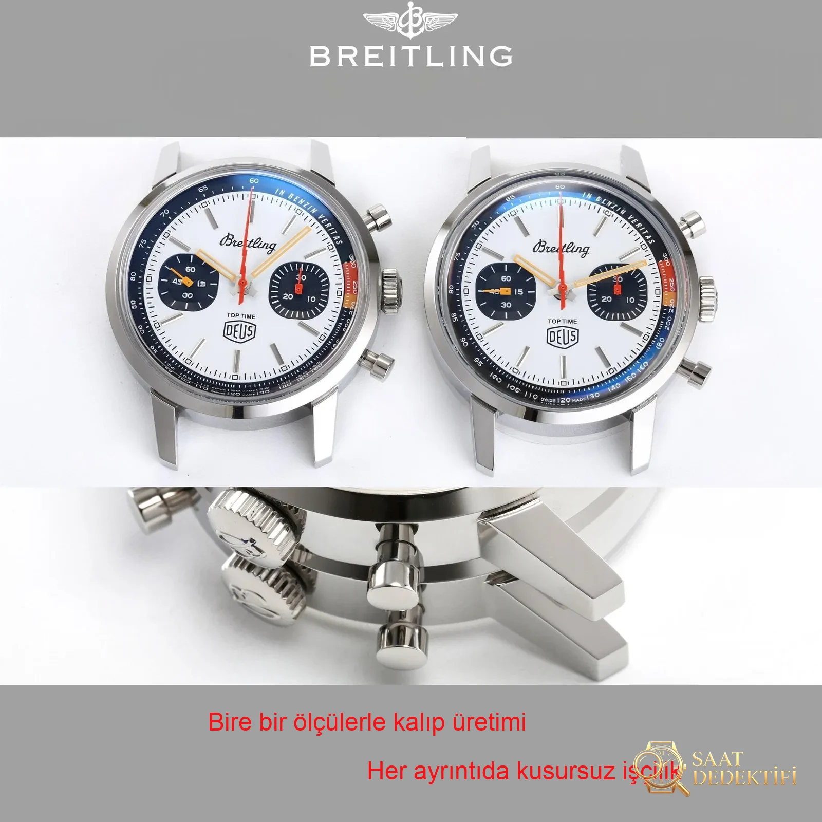 Gerçek-replika karşılaştırması: BLS Factory Breitling Premier Top Time Deus kronograf replika saat - Kadran Detayı ve Bezel İşçiliği
