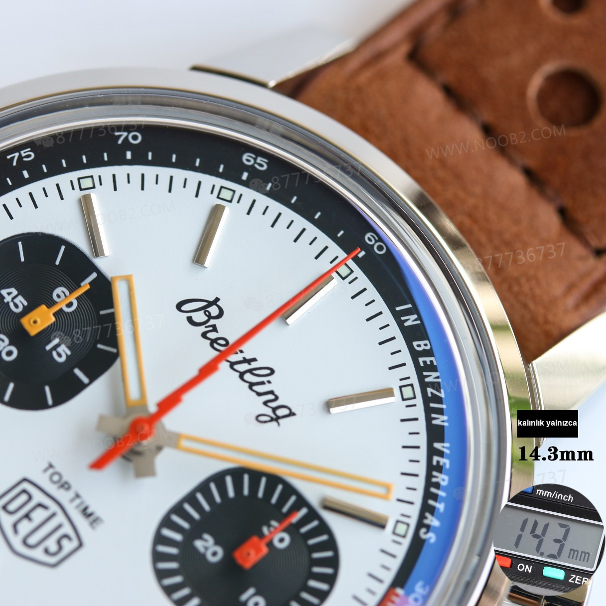 Gerçek-replika karşılaştırması: BLS Factory Breitling Premier Top Time Deus kronograf replika saat — 14. fotoğraf