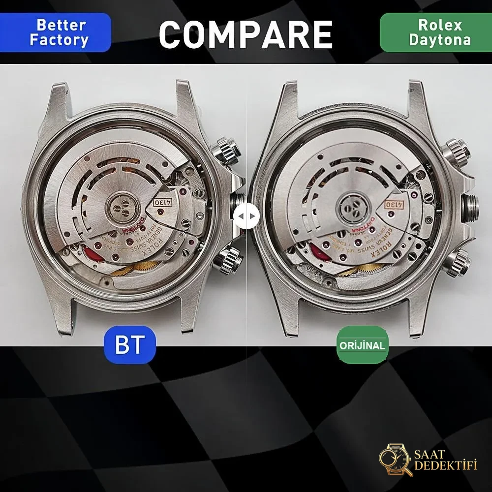 Gerçek-replika karşılaştırması: BT Factory/better Rolex Daytona 4130 mekanizması ile orijinal arasında ne fark var? - Arka Kapak ve Mekanizma Detayı