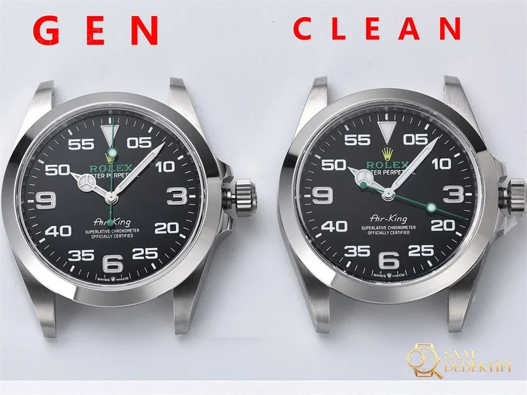 Gerçek-Replika Karşılaştırması: Clean Rolex Air-King m126900 Simetrik Saat İşaretleri - Kadran Detayı ve Bezel İşçiliği