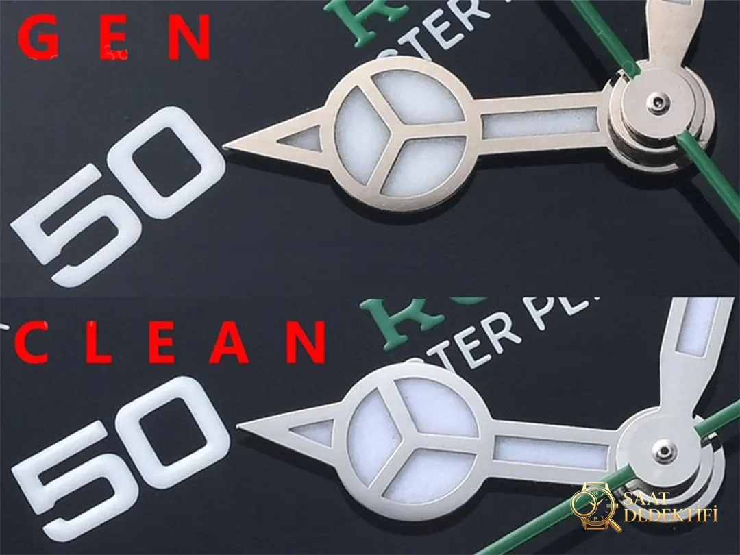 Gerçek-Replika Karşılaştırması: Clean Rolex Air-King m126900 Simetrik Saat İşaretleri - Arka Kapak ve Mekanizma Detayı
