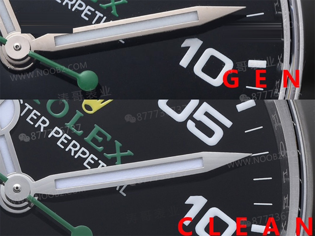 Gerçek-Replika Karşılaştırması: Clean Rolex Air-King m126900 Simetrik Saat İşaretleri — 5. fotoğraf