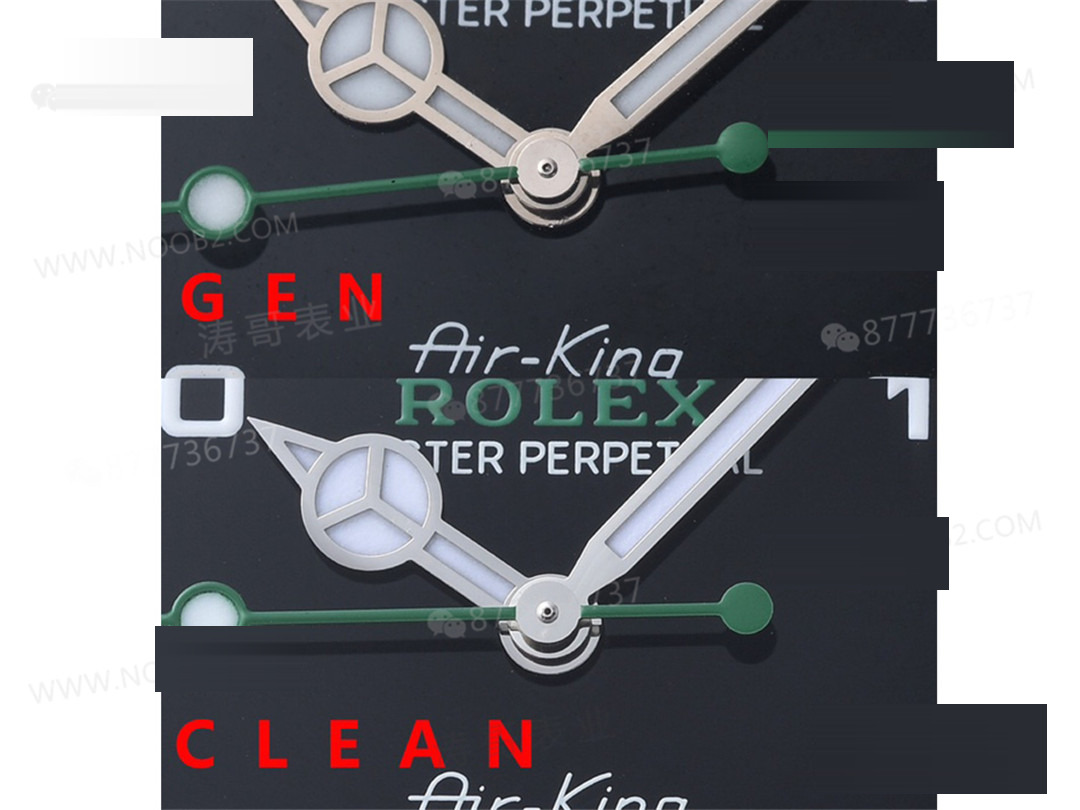 Gerçek-Replika Karşılaştırması: Clean Rolex Air-King m126900 Simetrik Saat İşaretleri — 6. fotoğraf