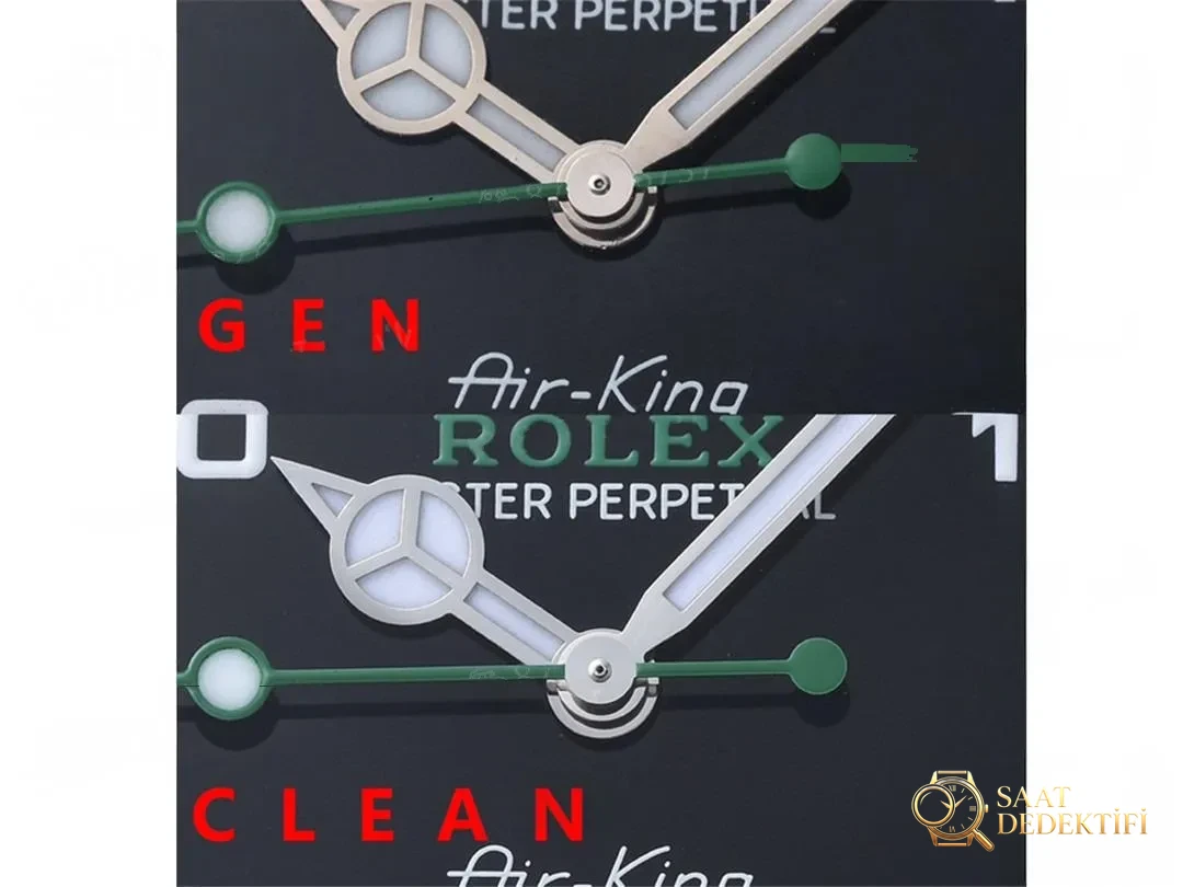 Gerçek-Replika Karşılaştırması: Clean Rolex Air-King m126900 Simetrik Saat İşaretleri - Makro Kadran ve İndeks İşçiliği