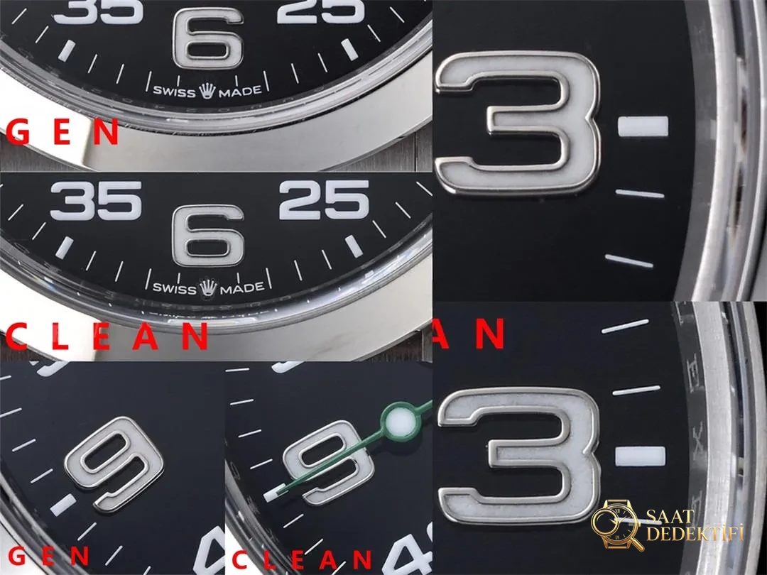 Gerçek-Replika Karşılaştırması: Clean Rolex Air-King m126900 Simetrik Saat İşaretleri - Fosfor ve Super-LumiNova Gece Görünümü