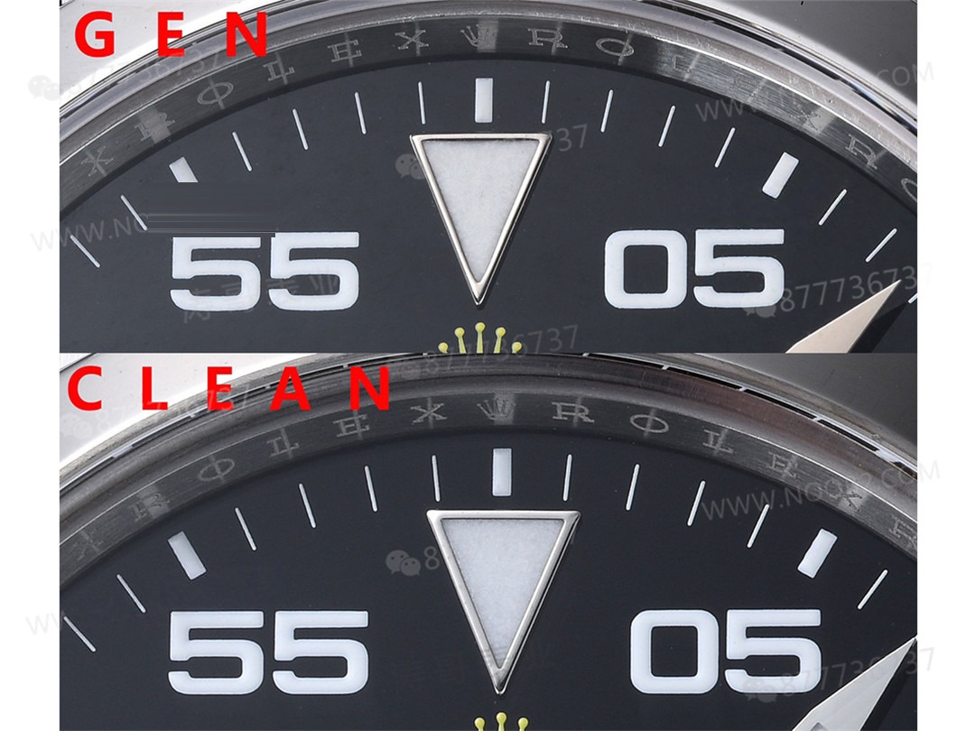 Gerçek-Replika Karşılaştırması: Clean Rolex Air-King m126900 Simetrik Saat İşaretleri — 10. fotoğraf