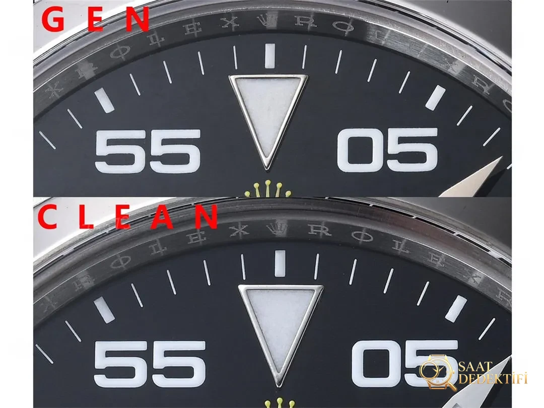 Gerçek-Replika Karşılaştırması: Clean Rolex Air-King m126900 Simetrik Saat İşaretleri - Mekanizma Zemberek ve Balans Detayı