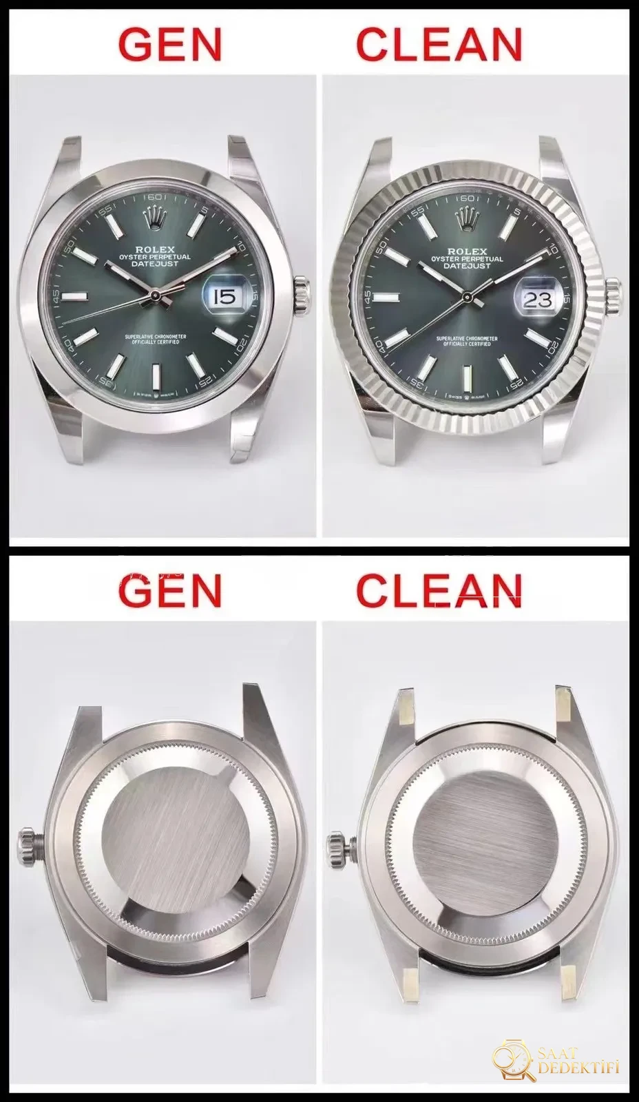 Gerçek-replika karşılaştırması: Clean Rolex Datejust nane yeşili kadran ilk bakışta replika belli olur mu? - Yan Profil ve Kordon Bağlantısı