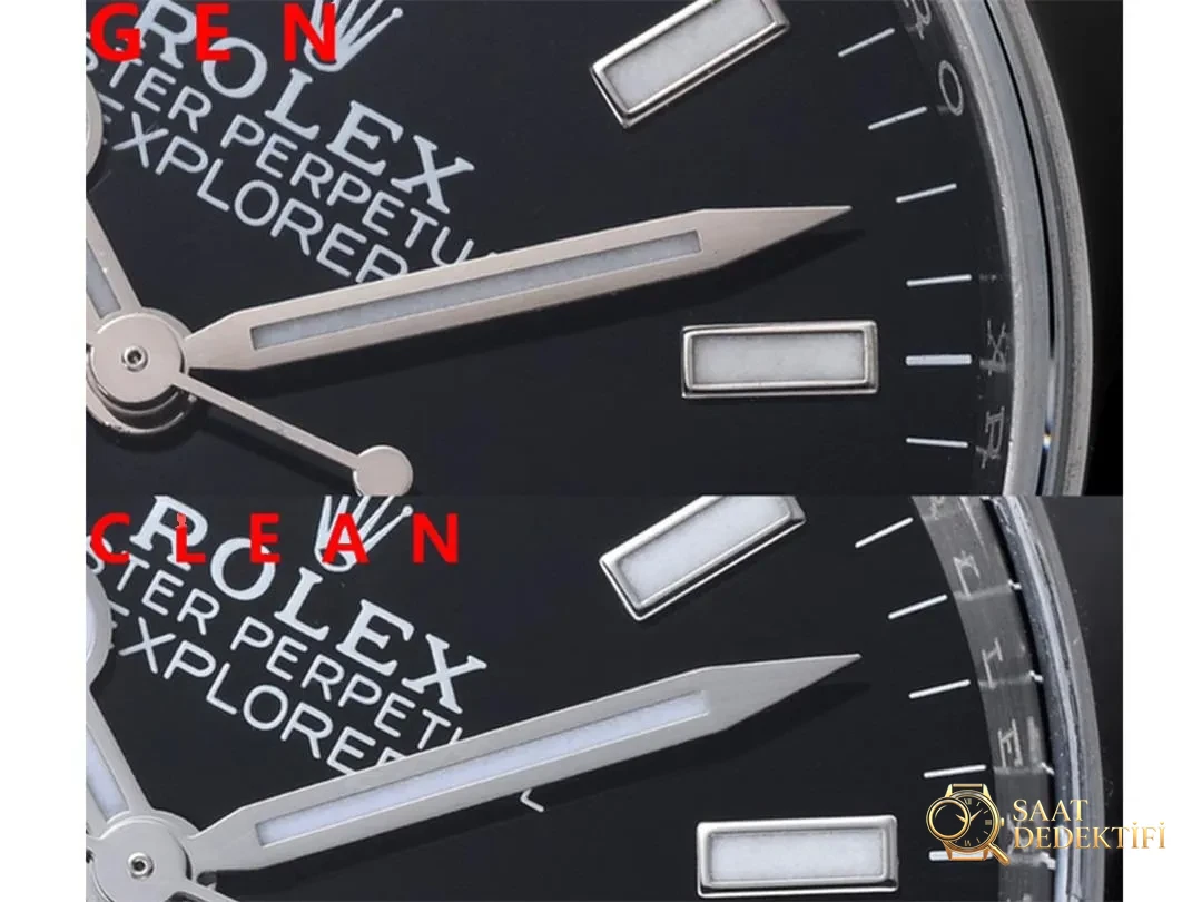 Gerçek-replika karşılaştırması: Clean Rolex Explorer I m124270, 3230 mekanizma, 36 mm - Klips Kilidi ve Lazer Damgalar