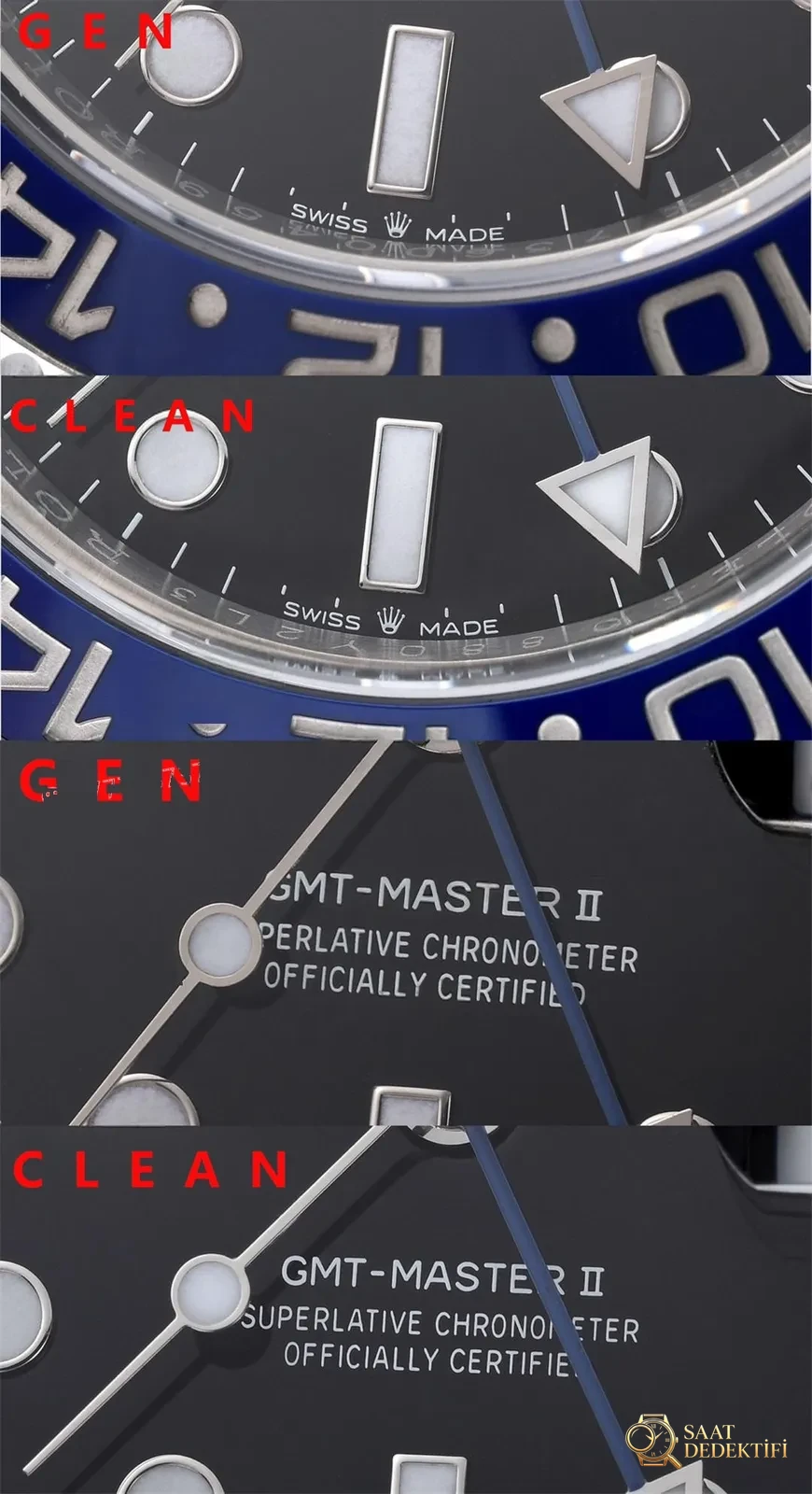 Gerçek-Replika Karşılaştırması: Clean Rolex GMT Inter Milan Bezel (Mavi-Siyah Bezel) - Bezel İçi Rehaut Gravürü ve Hizalaması