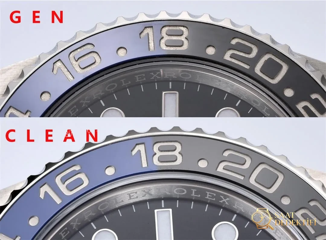 Gerçek-Replika Karşılaştırması: Clean Rolex GMT Inter Milan Bezel (Mavi-Siyah Bezel) - Kadran Güneş Işını (Sunburst) Efekti