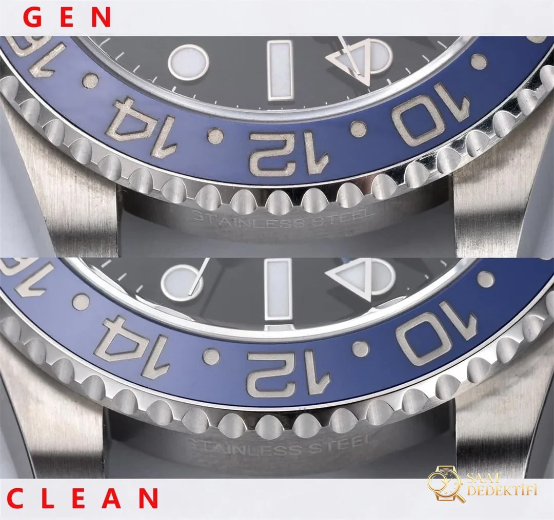 Gerçek-Replika Karşılaştırması: Clean Rolex GMT Inter Milan Bezel (Mavi-Siyah Bezel) - Takimetre Skalası ve Baskı Keskinliği
