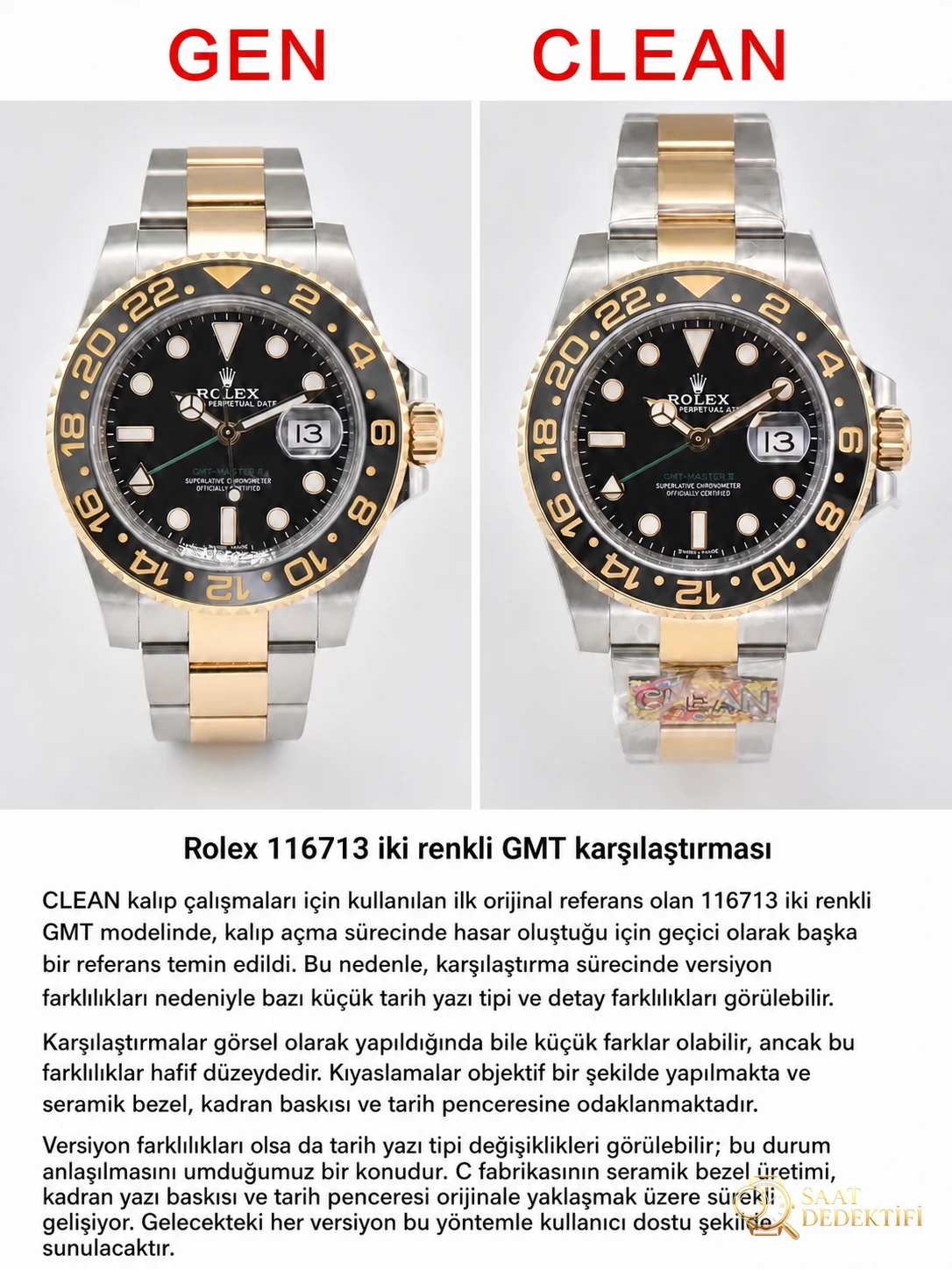 Gerçek-replika karşılaştırması: Clean Rolex iki renk (çelik-altın) GMT-Master 116713 replika saat - Kadran Detayı ve Bezel İşçiliği