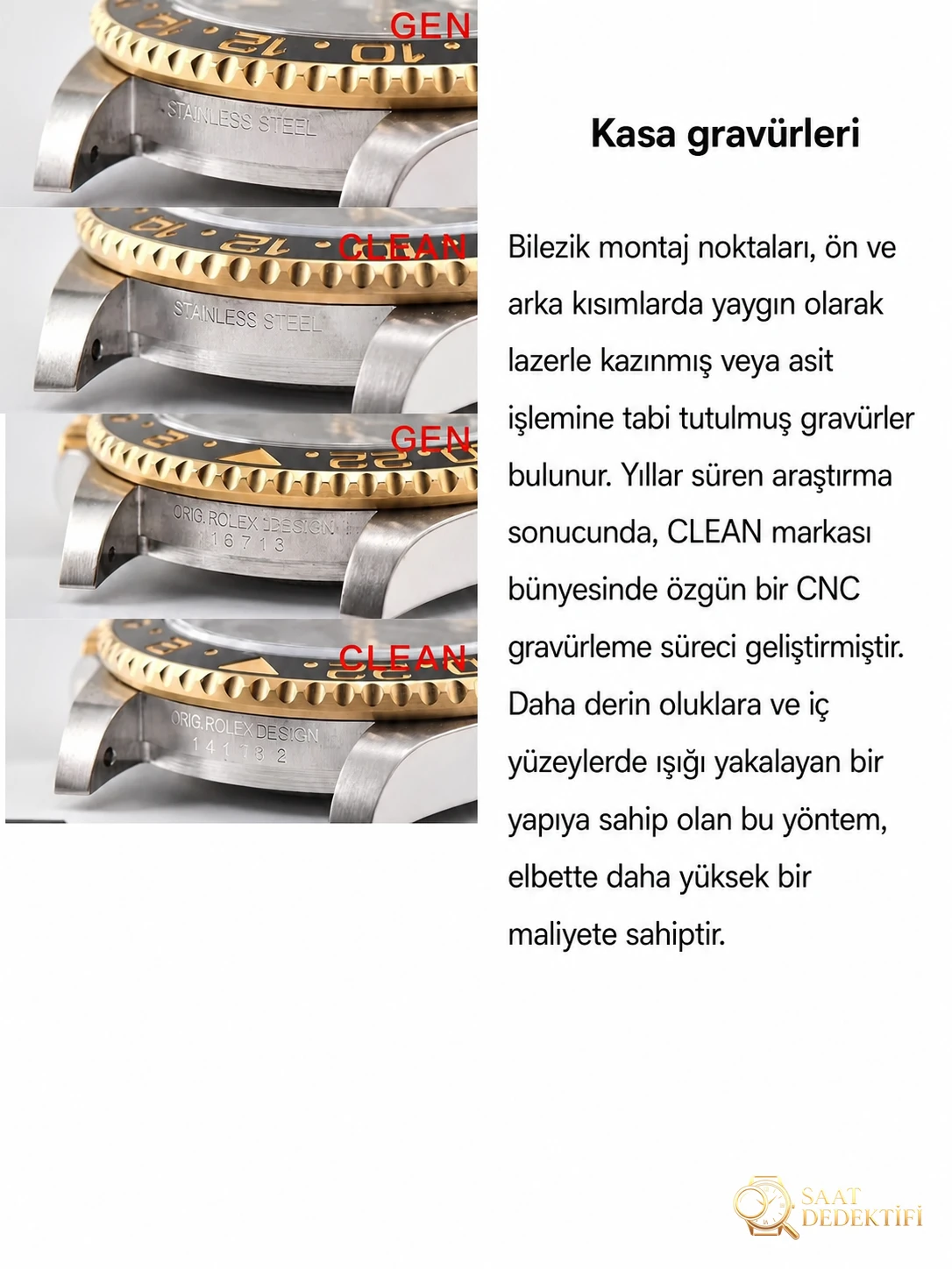 Gerçek-replika karşılaştırması: Clean Rolex iki renk (çelik-altın) GMT-Master 116713 replika saat - Klips Kilidi ve Lazer Damgalar