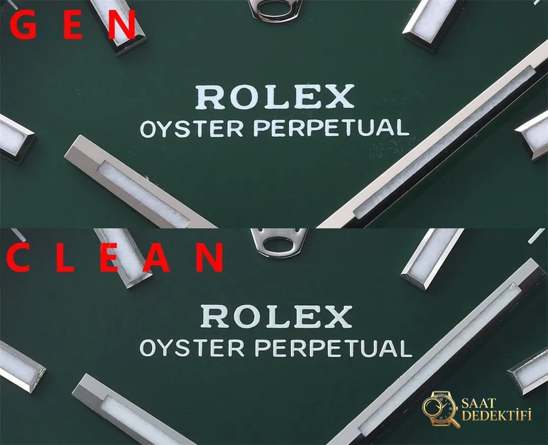 Gerçek-replika karşılaştırması: Clean Rolex Oyster Perpetual yeşil kadranda renk farkı olur mu? - Kadran Detayı ve Bezel İşçiliği
